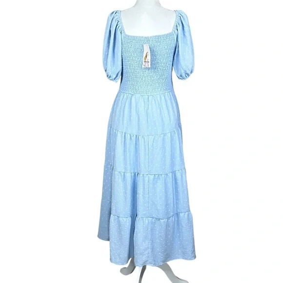 NEW PRETTY GARDEN L Maxi Dress Smocked Swiss Dot High Waist V Neck Tiered Blue - Picture 5 of 15